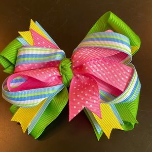 Custom made hair bow-pink, green, blue and yellow-French barrette-love it!